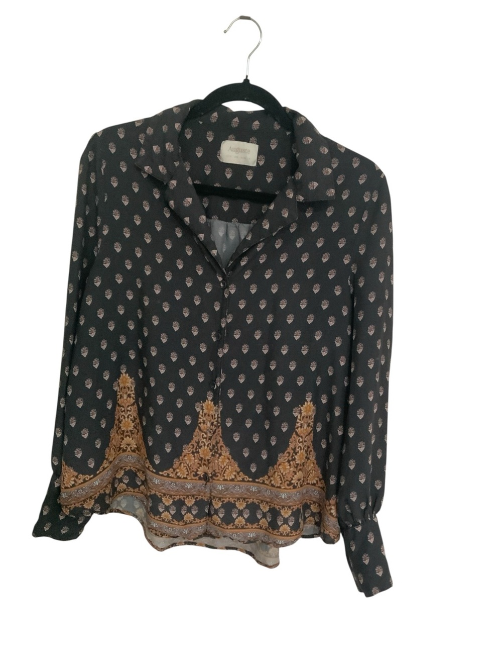 Auguste The Label Black Floral Style Button-Down Blouse with Tan Border